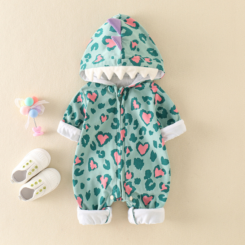Newborn Baby Boy & Girl Dinosaur Design Hooded Long Sleeve Romper-kissminis