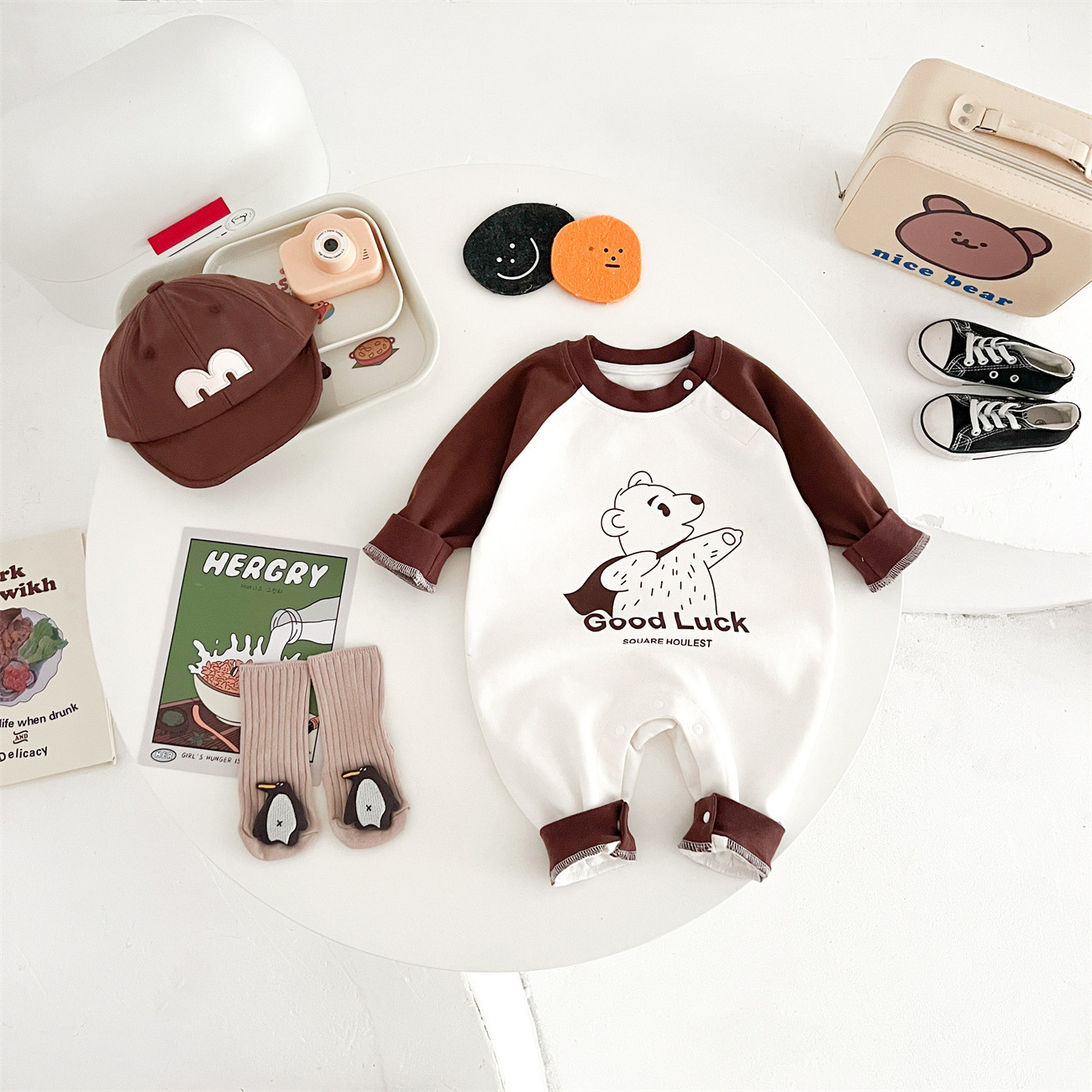 Baby Boy/Girl "GOOD LUCK "Little Bear Print Romper-kissminis