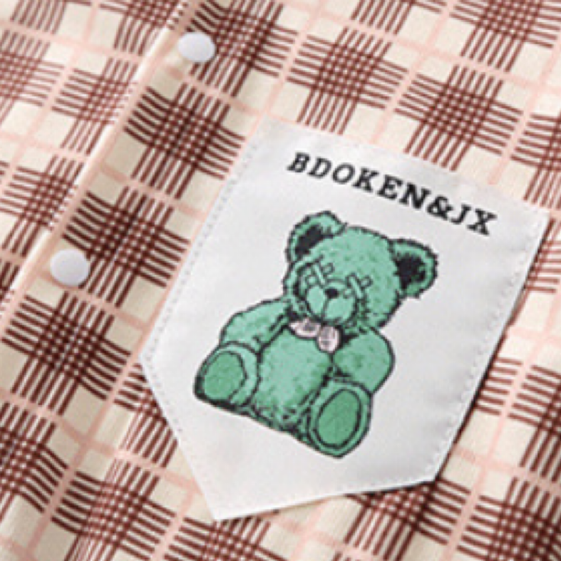 Baby Boy/Girl Gingham Bear Graphic Pocket Patch Long Sleeve Romper-kissminis