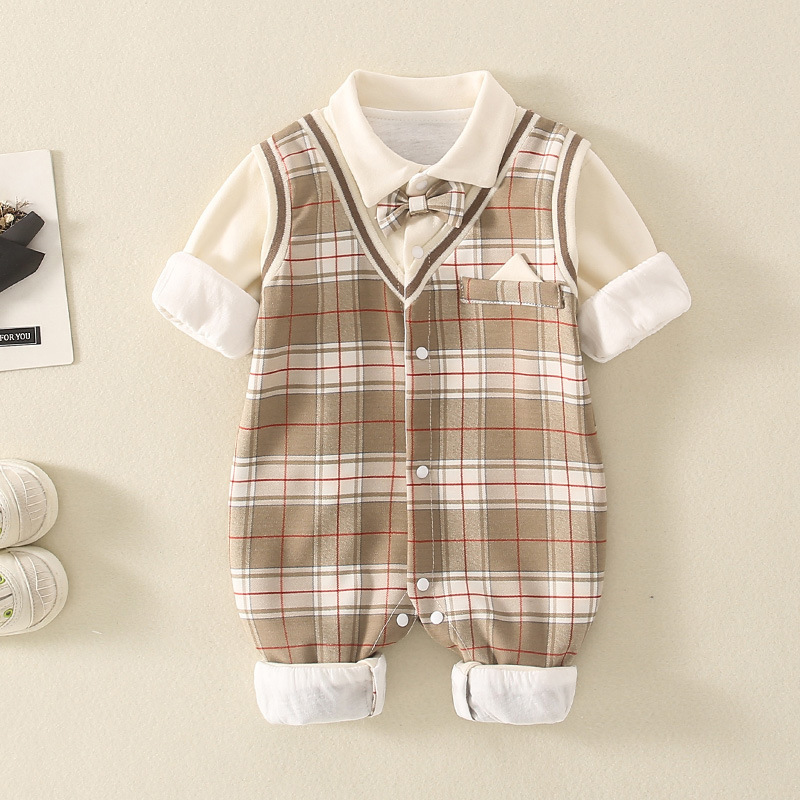 Baby Boy Fake Two Pieces Plaid Bow Long Sleeve Romper-kissminis