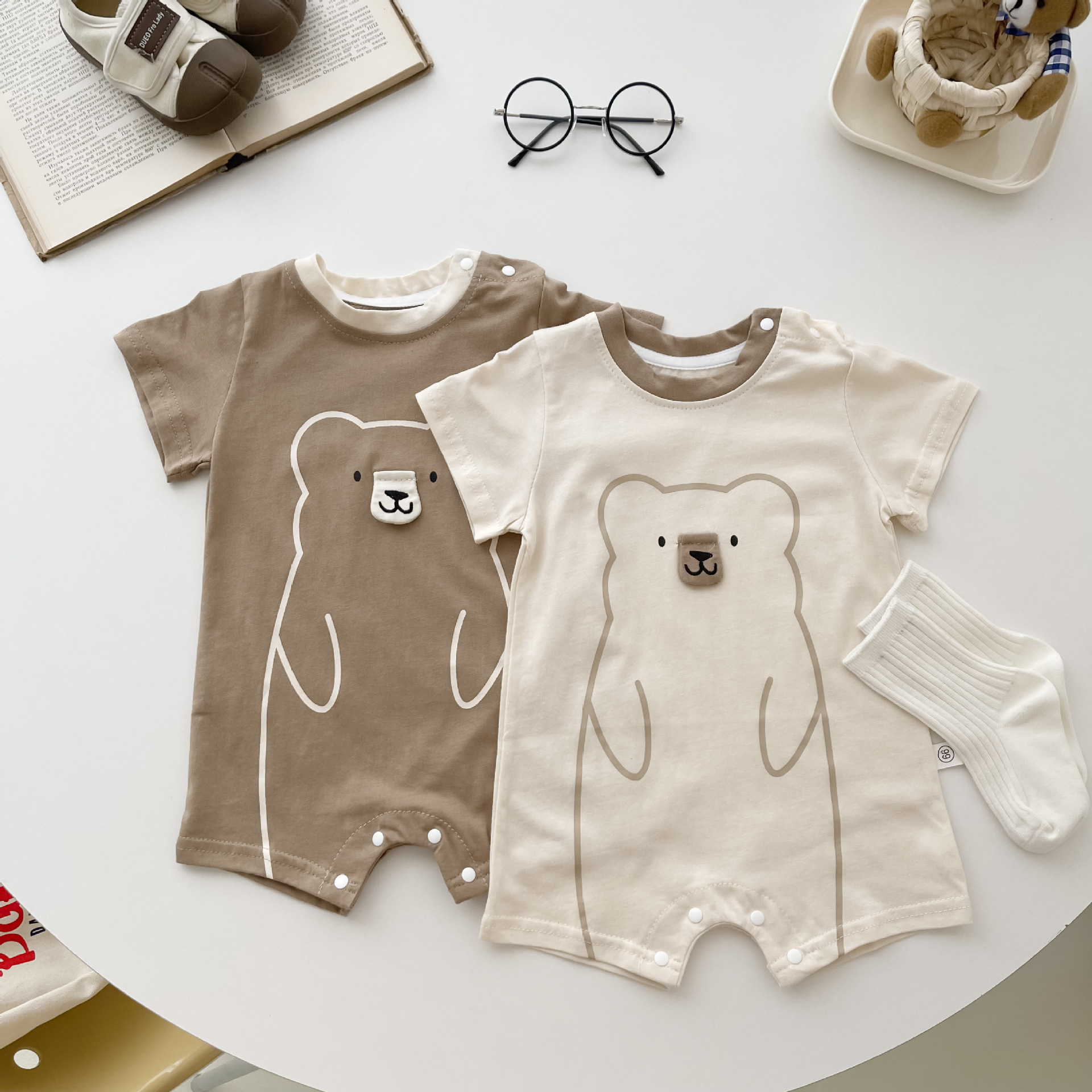 Baby Bear Pattern Solid Color Short Sleeve Romper-kissminis