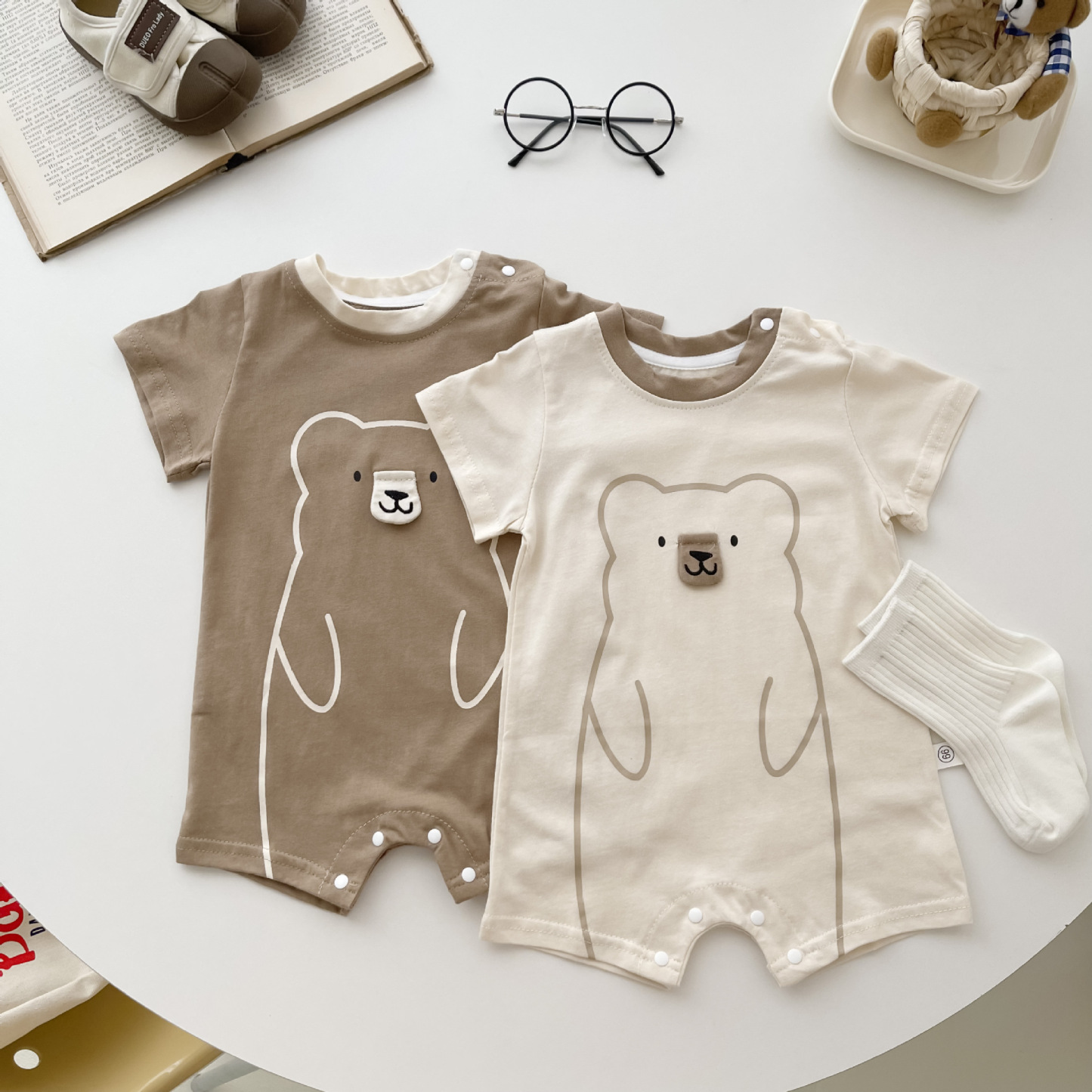 Baby Bear Pattern Solid Color Short Sleeve Romper-kissminis