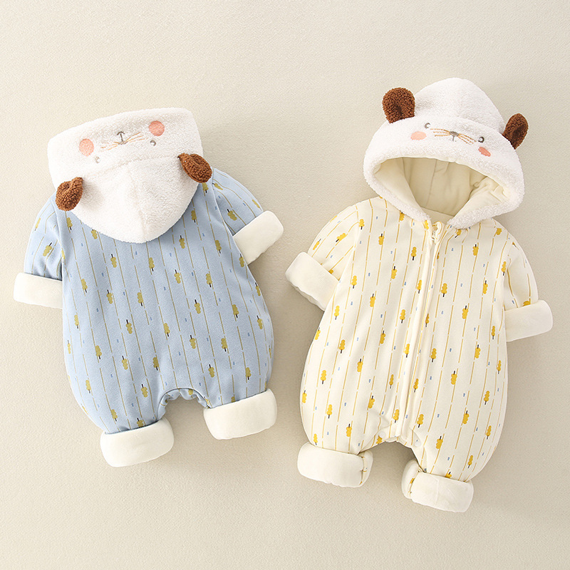 Baby Boy/Girl Cute Animal Pattern Color Block Long Sleeve Hooded Fluff Romper-kissminis