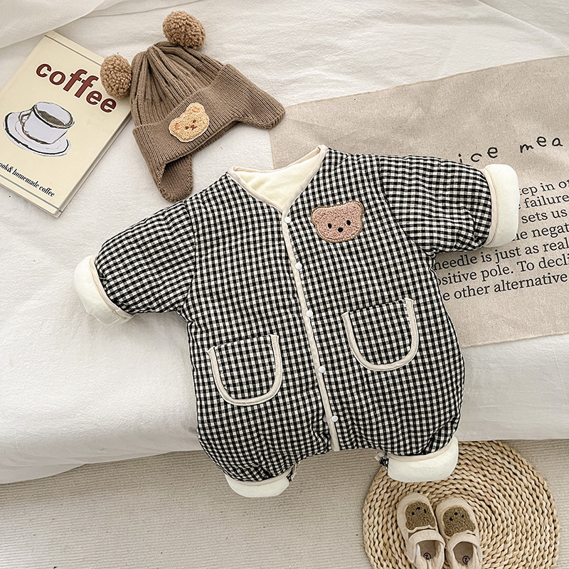 Baby Boy/Girl Cute Bear Pattern Plaid Long Sleeve Romper-kissminis