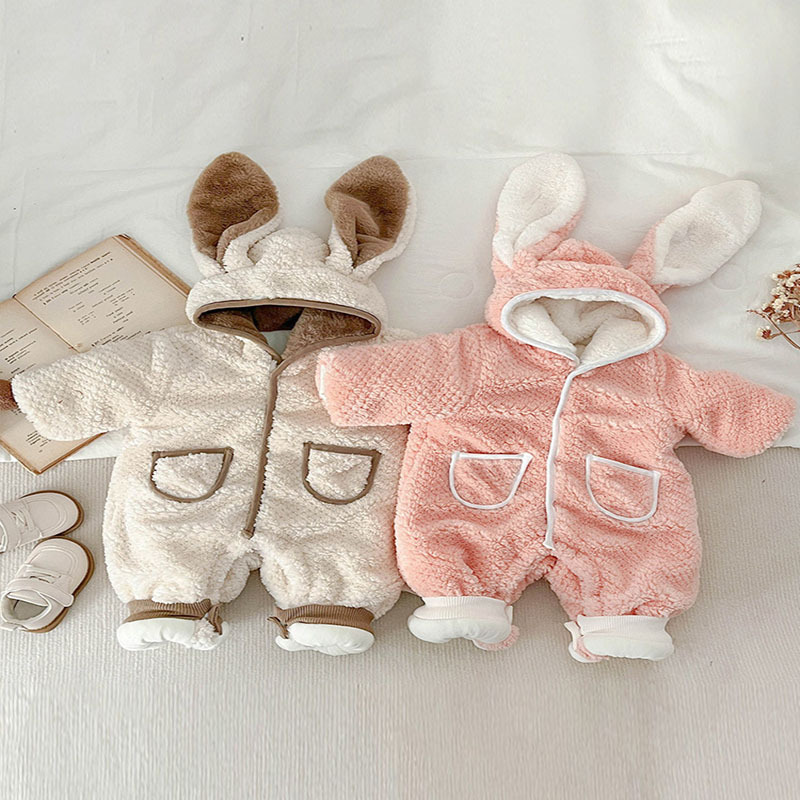 Baby Boy/Girl Solid Color Cute Rabbit Plush Long Sleeves Hooded Romper-kissminis