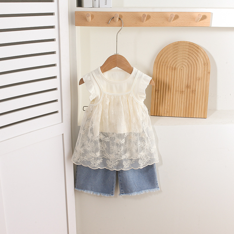 3pcs White Lace - detailed Sleeveless Top and Blue Denim Shorts Set