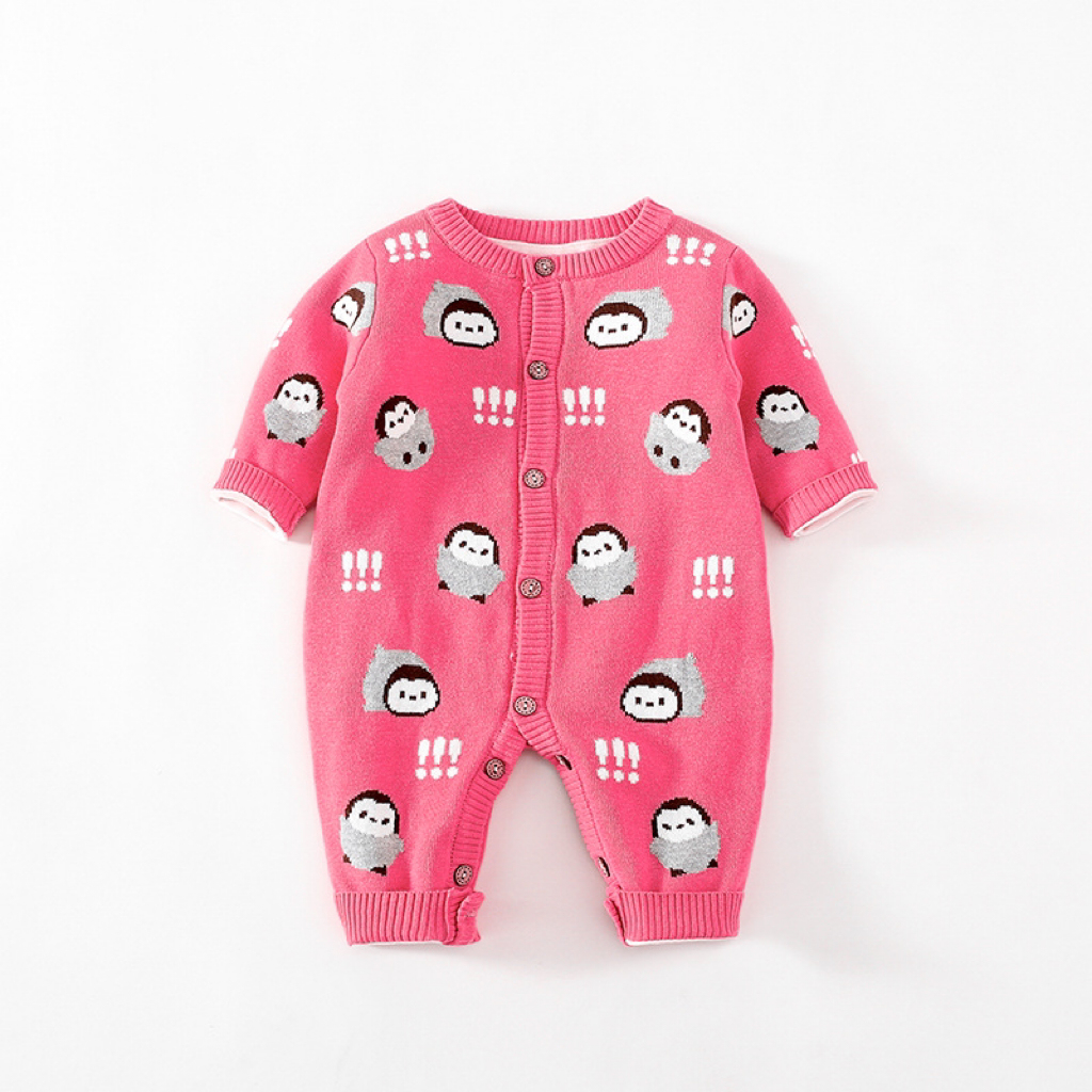 Baby Boy/Girl Allover Penguin Graphic Knitted Long Sleeve Romper-kissminis