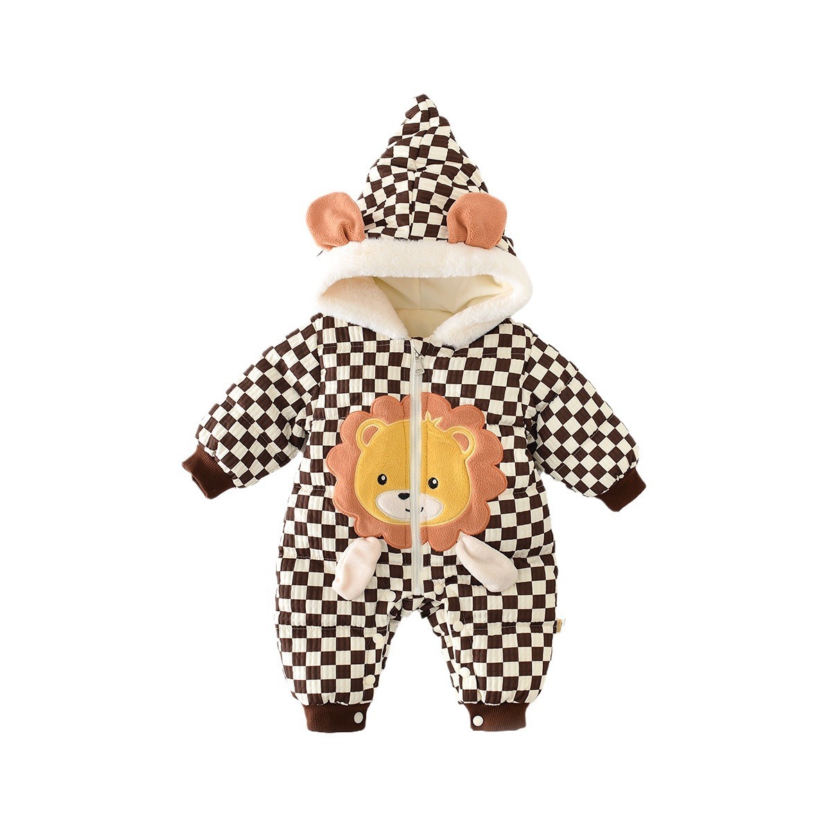 Baby Boy Winter Thicken Plaid Lion Graphic Long Sleeve Romper-kissminis