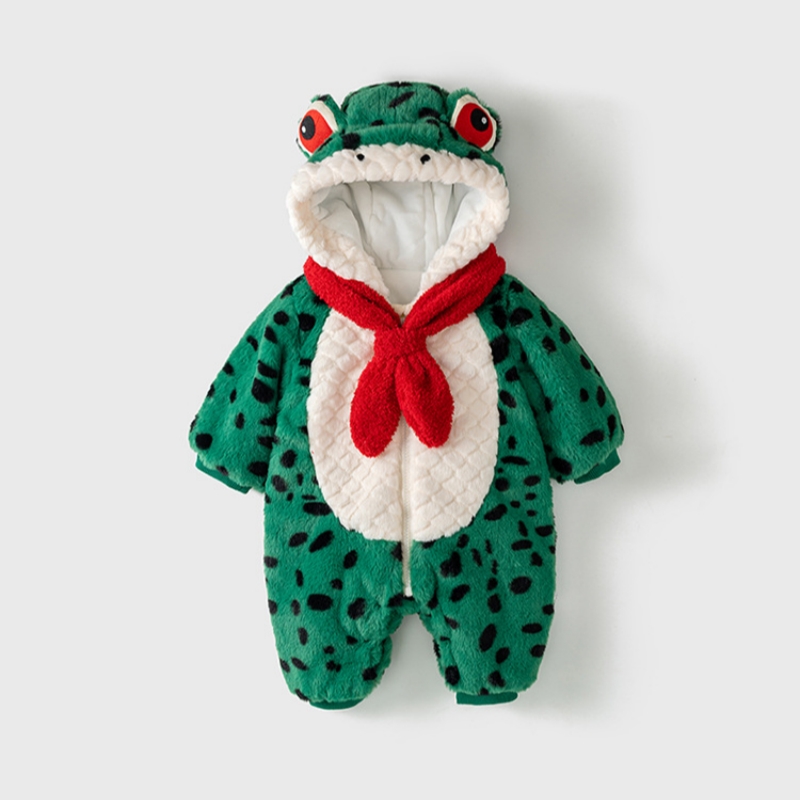 Winter Baby Boy/Girl Cute Little Frogs Design Fluff Long Sleeve Hooded Romper with Red Tie-kissminis