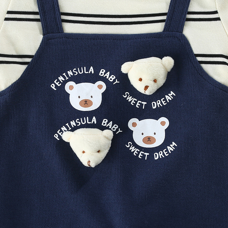 Baby Boy/Girl False Two Piece 3D Bear Print Hidden Greenor Long Sleeve Romper-kissminis