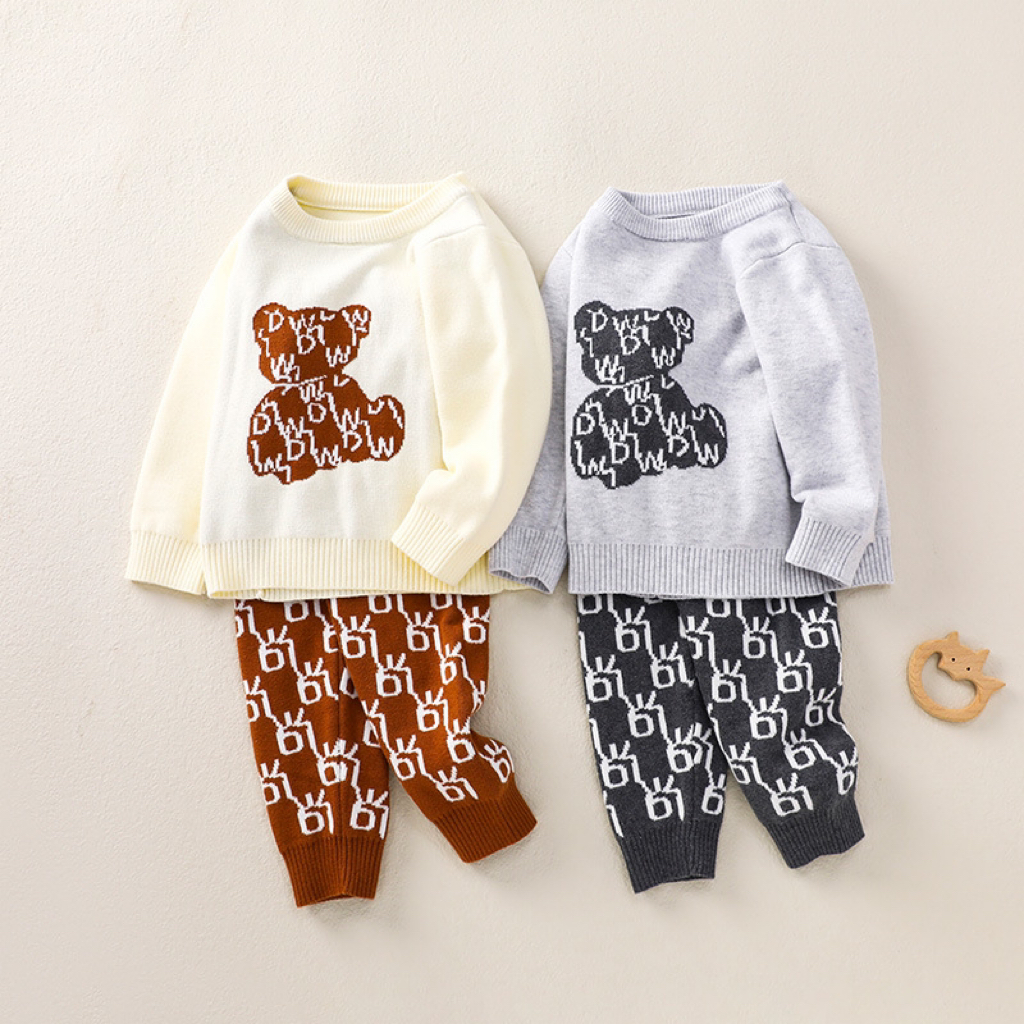 2pcs Baby Boys & Girls Bear Graphic Knit Tops and Pants Set-kissminis