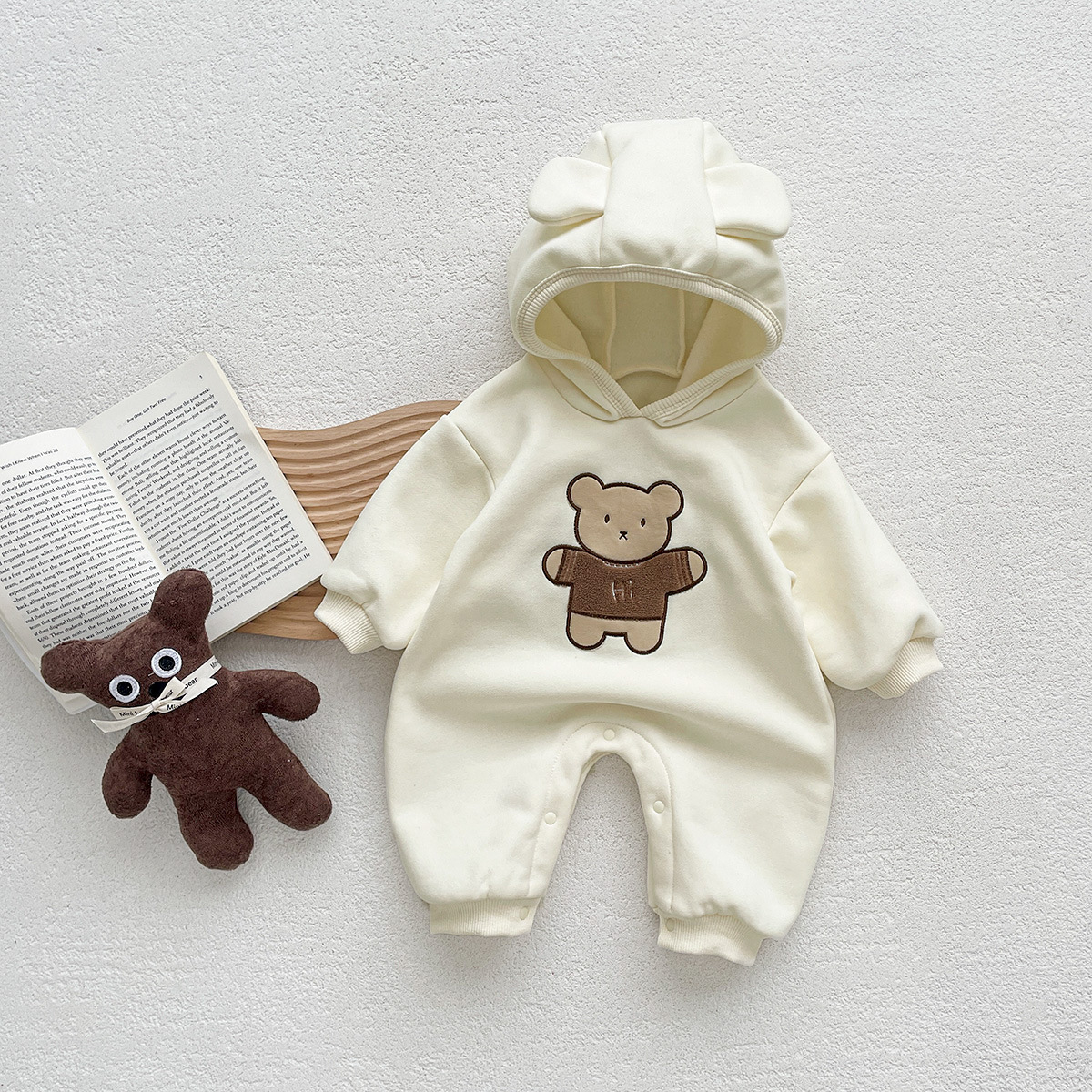 Baby Boy/Girl Cartoon Bear Graphic Thicken Hooded Long Sleeve Romper-kissminis
