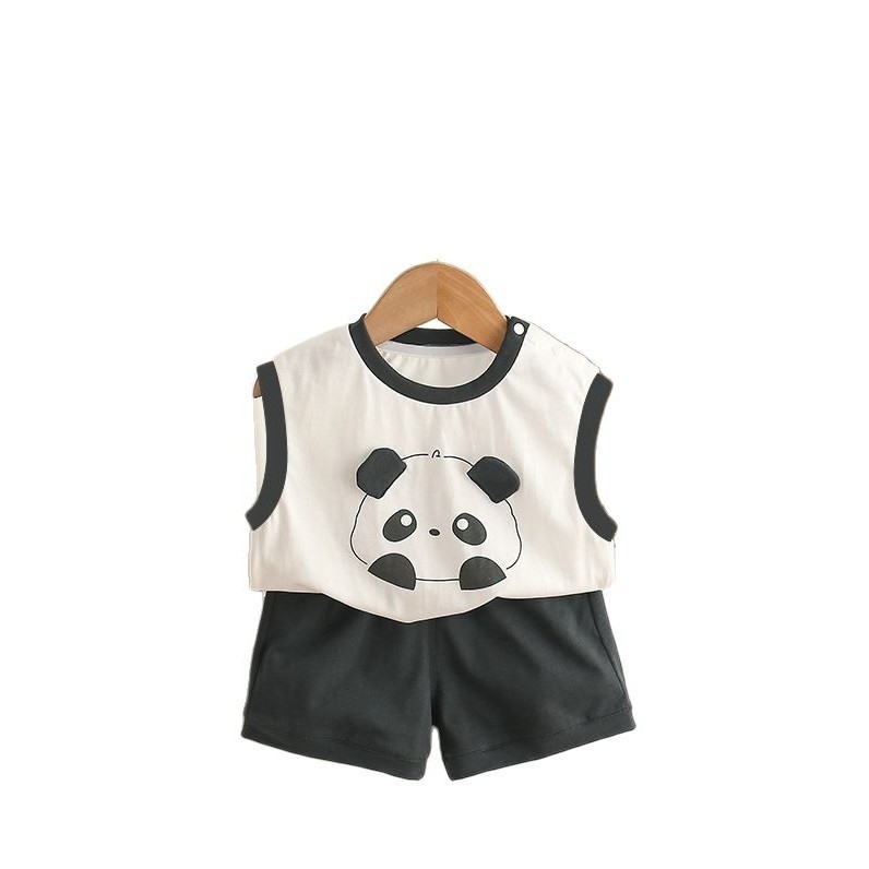 Sleeveless White Top with Panda Print and Black Shorts Set