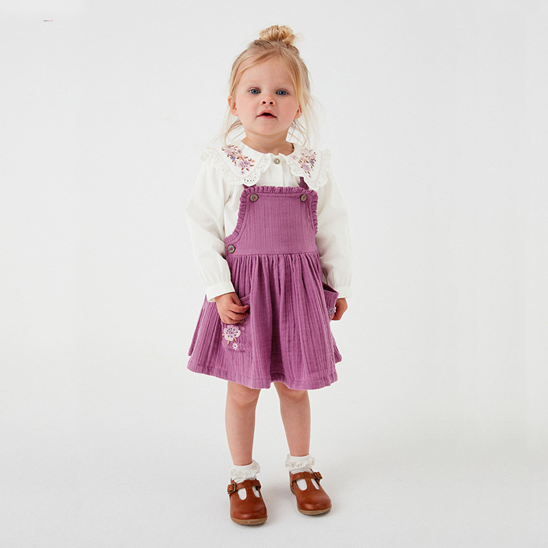 Baby Girl Toddler Flower Embroidery Pattern Overall Dress and Shirt Set-kissminis