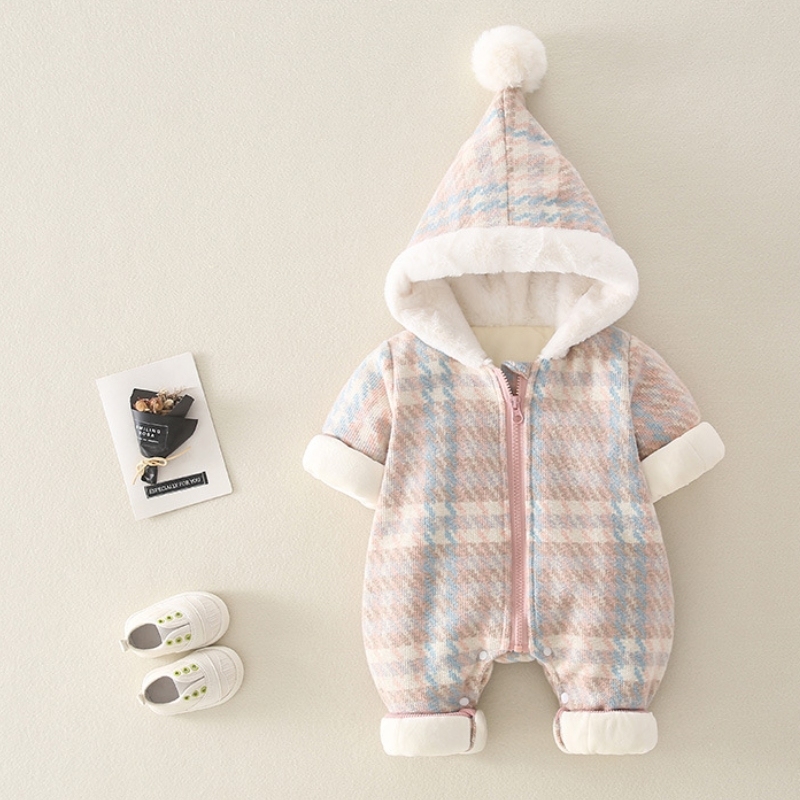 Baby Girl Winter Thicken Plaid Graphics Long Sleeve Fluff Hooded Romper-kissminis