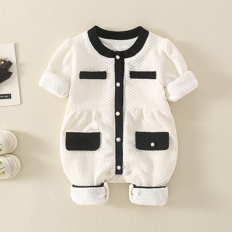 Baby Girl Mock Pocket Chanel Style Simple Long Sleeve Romper-kissminis