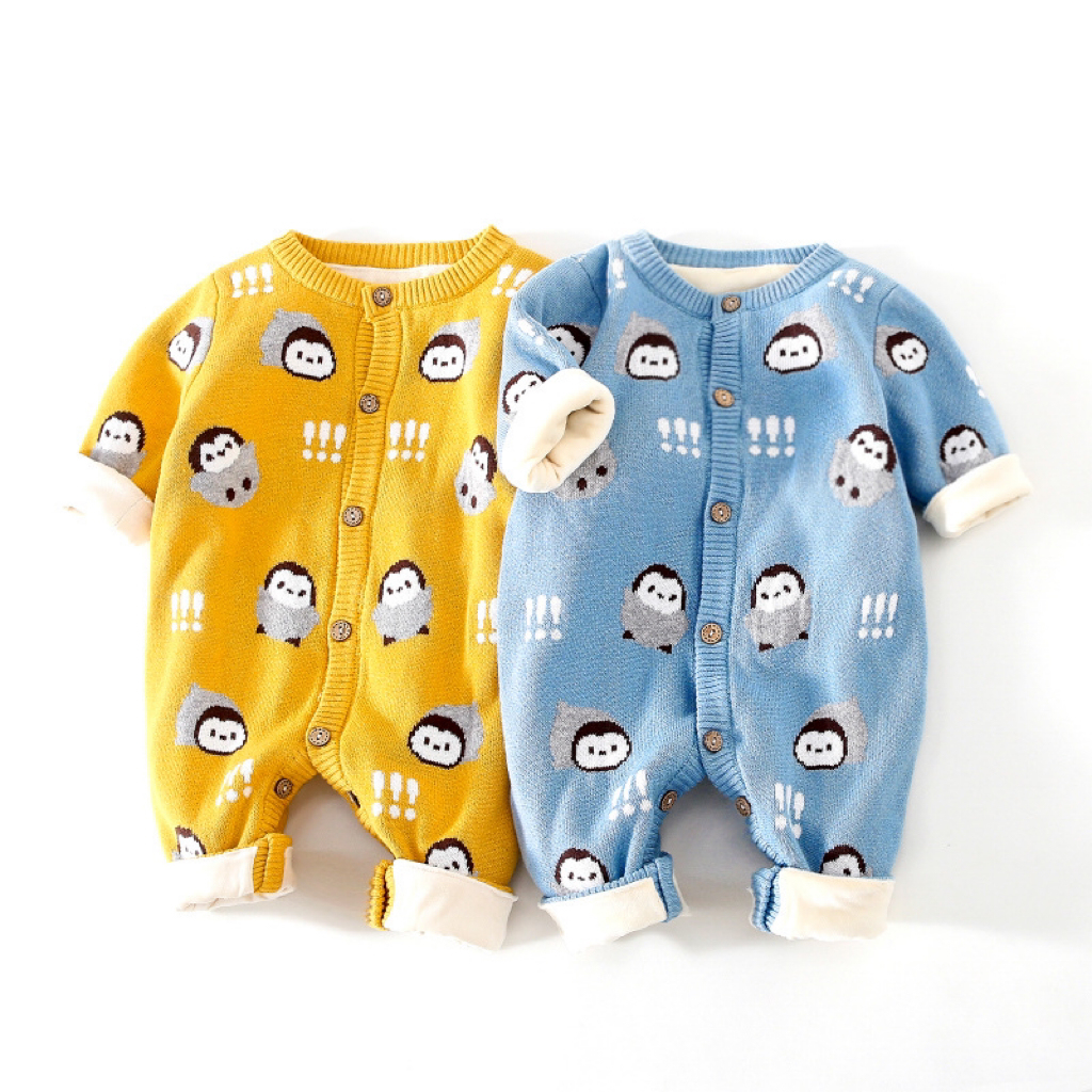 Baby Boy/Girl Allover Penguin Graphic Knitted Long Sleeve Romper-kissminis
