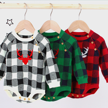 Baby Boy/Girl Christmas Style Elk Pattern Knitted Plaid Long Sleeve Bodysuit-kissminis