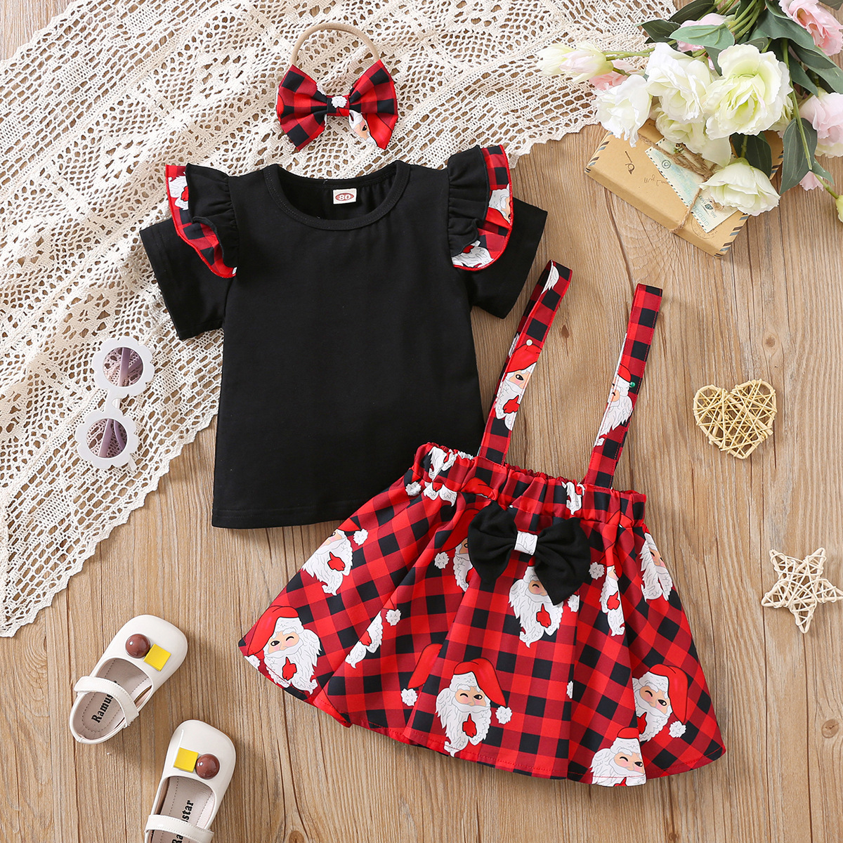 3pcs Newborn Baby Girl Halloween Christmas Plaid Graphic Bowknot Short Sleeve Top with Pleated skirt and Hairband Set-kissminis