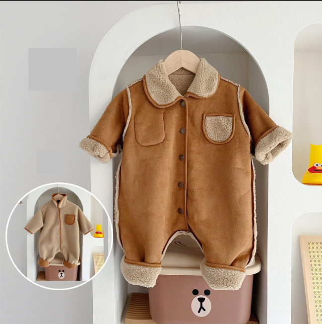 Baby Boy/Girl Winter Thicken Fluff Ins Style Solid Color Long Sleeves Romper-kissminis