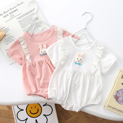 Newborn Baby Girl 95% Cotton Lace Lovely Embroidered Rabbit Button Bodysuit
