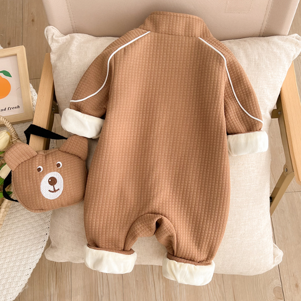 Baby Boy Cute Bear Pattern Stand Collar Long Sleeve Romper and Bag Set-kissminis