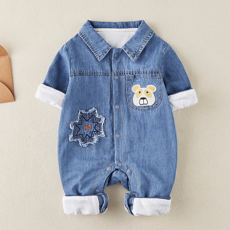 Baby Bear Graphic Denim Polo Collar Romper-kissminis