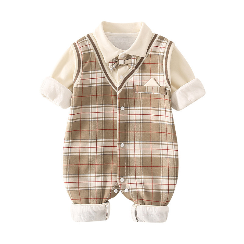 Baby Boy Fake Two Pieces Plaid Bow Long Sleeve Romper-kissminis