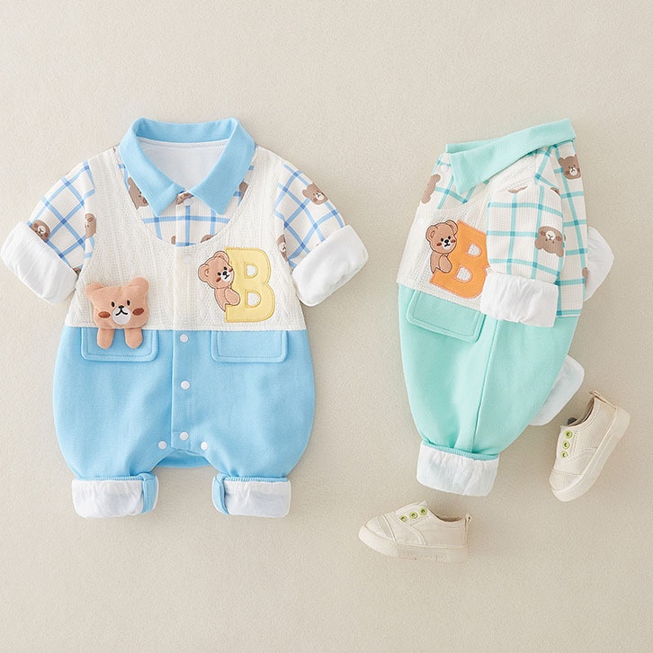Cartoon Cute Plaid Bear Embroidery Romper-kissminis