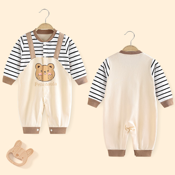 Baby Boy Cute Bear Pattern Fake Two Pieces Striped Long Sleeve Romper-kissminis
