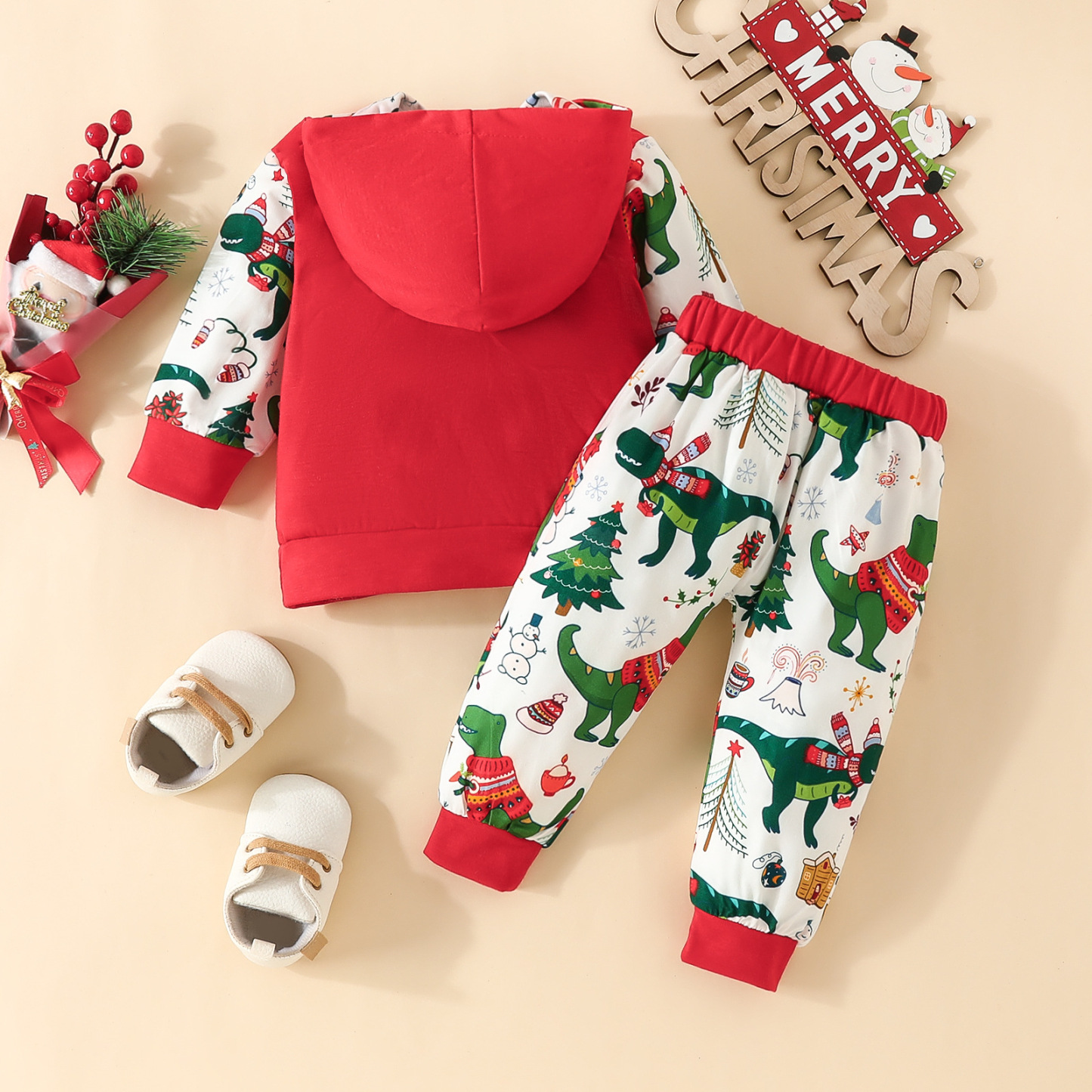 2pcs Baby Boy/Girl Christmas Elk Pine Snowman Print Long Sleeve Hooded Tops and Pants Set-kissminis