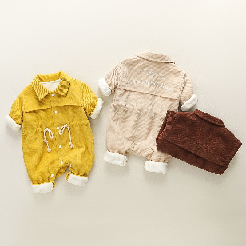 Baby Drawstring Waist Solid Color Corduroy Romper-kissminis