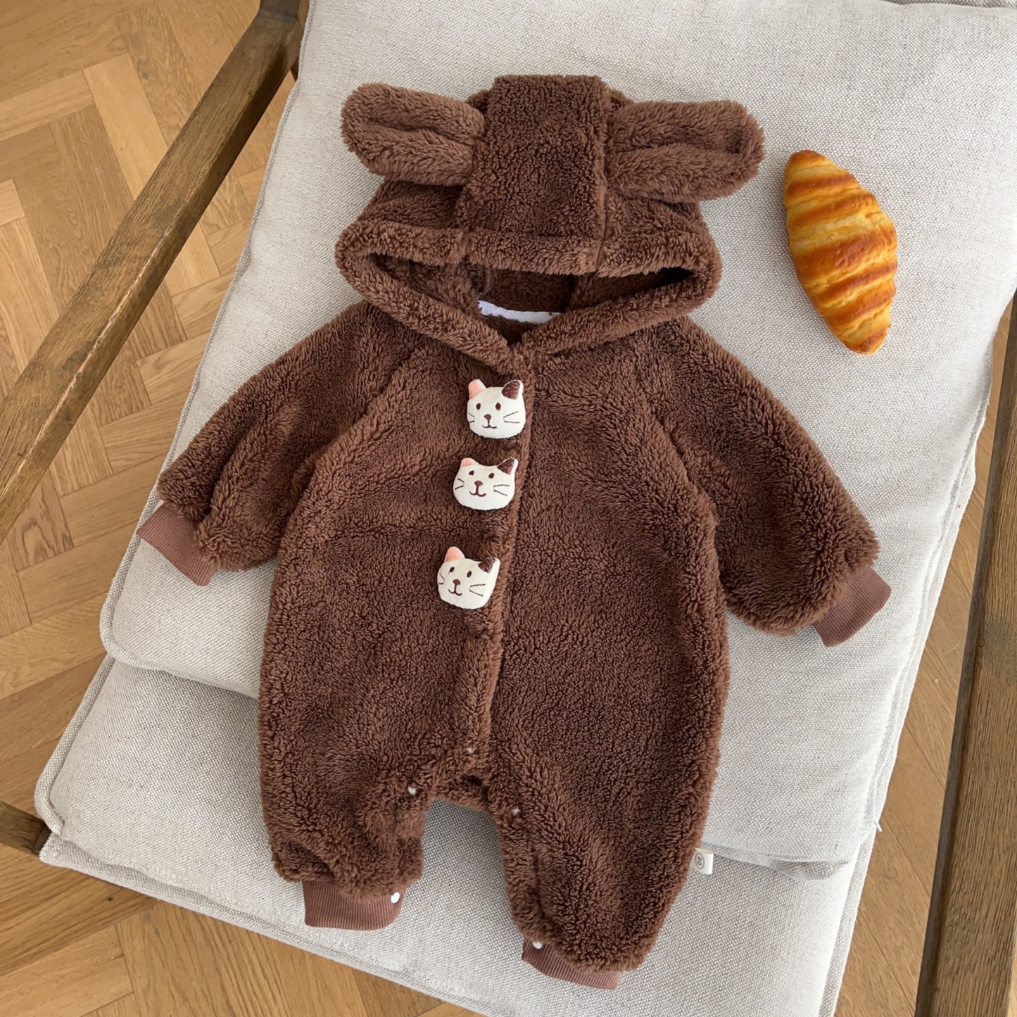 Baby Boy/Girl Ears Design Animal Graphic Solid Color Fleece Long Sleeve Hooded Romper-kissminis