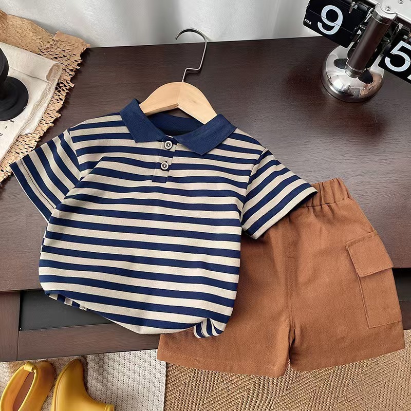 Navy and Beige Striped Polo Short Sleeve Shirt and Brown Shorts Set