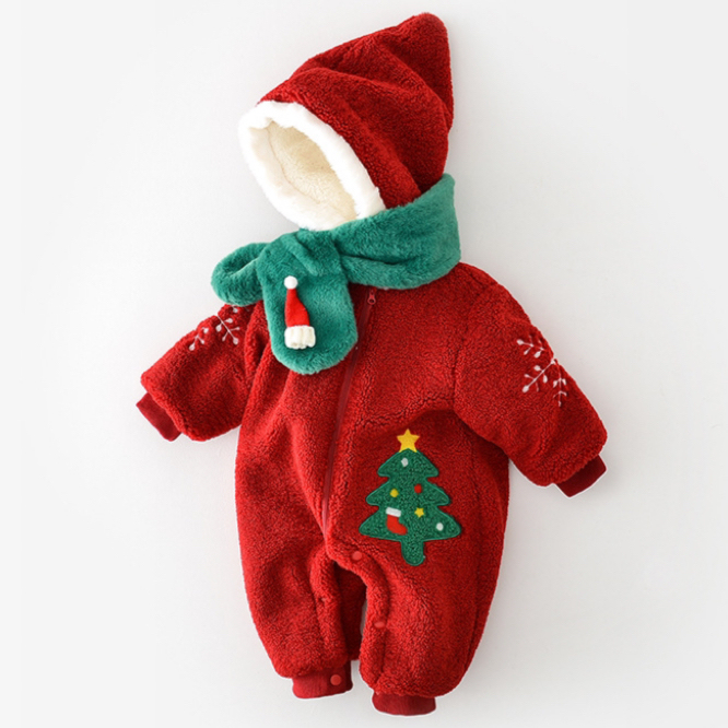 2pcs Winter Baby Boy/Girl Christmas Tree and Snow Embroidery Long Sleeve Hooded Romper with Scarf Set-kissminis