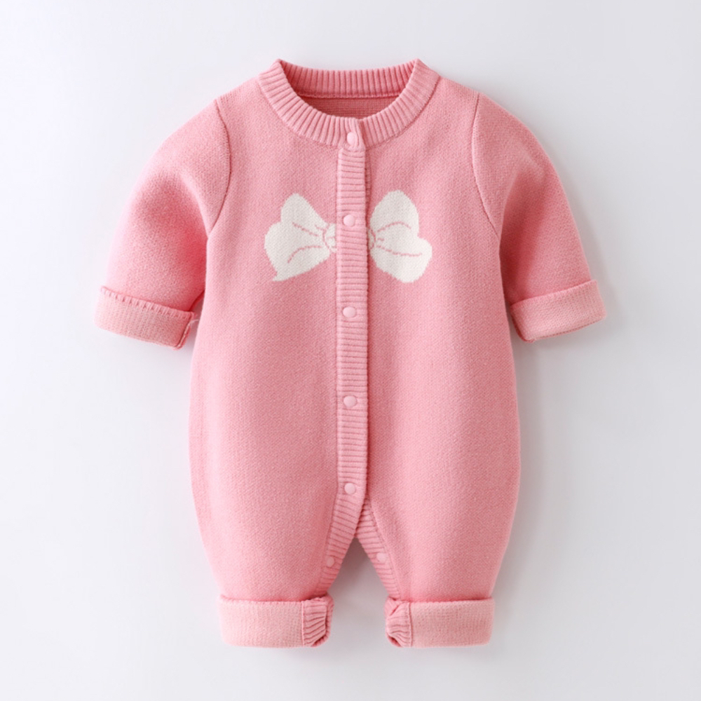 2pcs Baby Boy/Girl Bowknot Graphic Long Sleeve Knitted Romper with Hat Set-kissminis