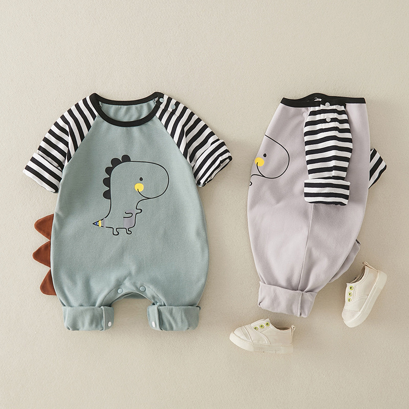 Baby Girl Cute Dinosaur Pattern Striped Long Sleeve Romper-kissminis