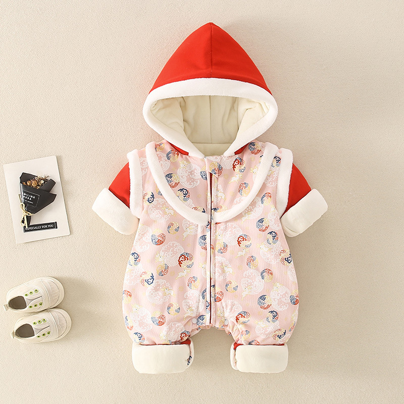 Baby Girl/Boy Winter Thicken Chinese New Year Style Long Sleeve Hooded Romper-kissminis