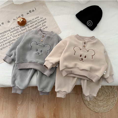 2pcs Toddler Boy/Girl Cute Bear Print Solid Color Long Sleeve Sweatshirt and Pants Set-kissminis
