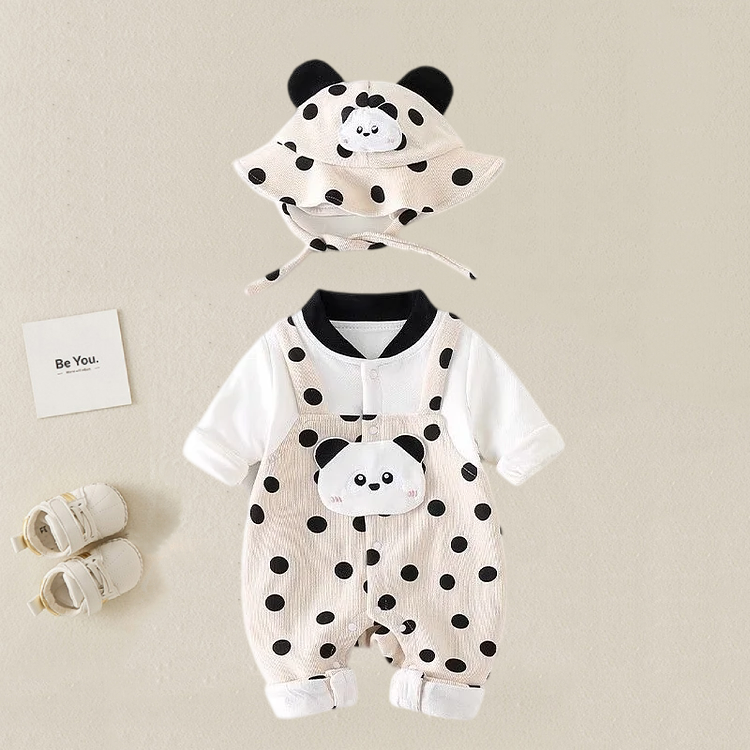 2pcs Baby Boy/Girl Cartoon Panda Dot Print Long Sleeve Romper with Hat Set-kissminis