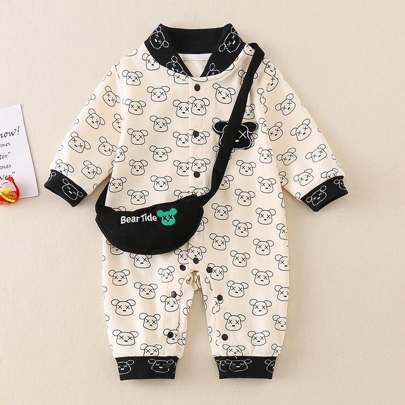 2pcs Baby Boy/Girl Cartoon Bear Print Long Sleeve Romper with Shoulder Bag Set-kissminis