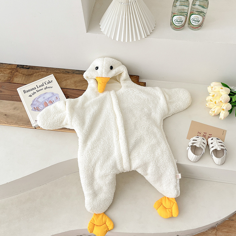 Baby Winter Cute Duck Zipper Closure Thicken Long Sleeve Hooded Romper-kissminis