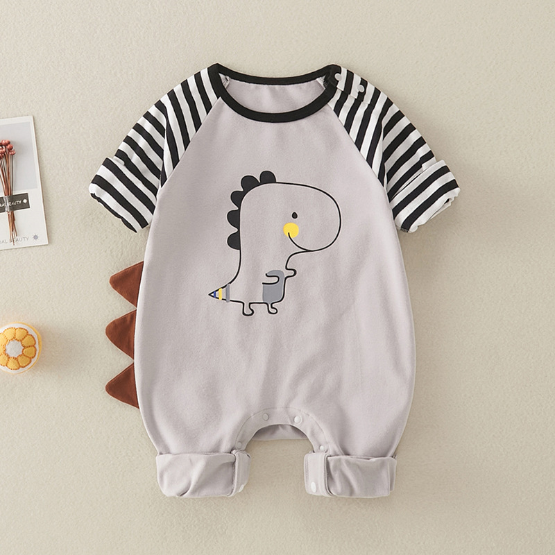 Baby Girl Cute Dinosaur Pattern Striped Long Sleeve Romper-kissminis