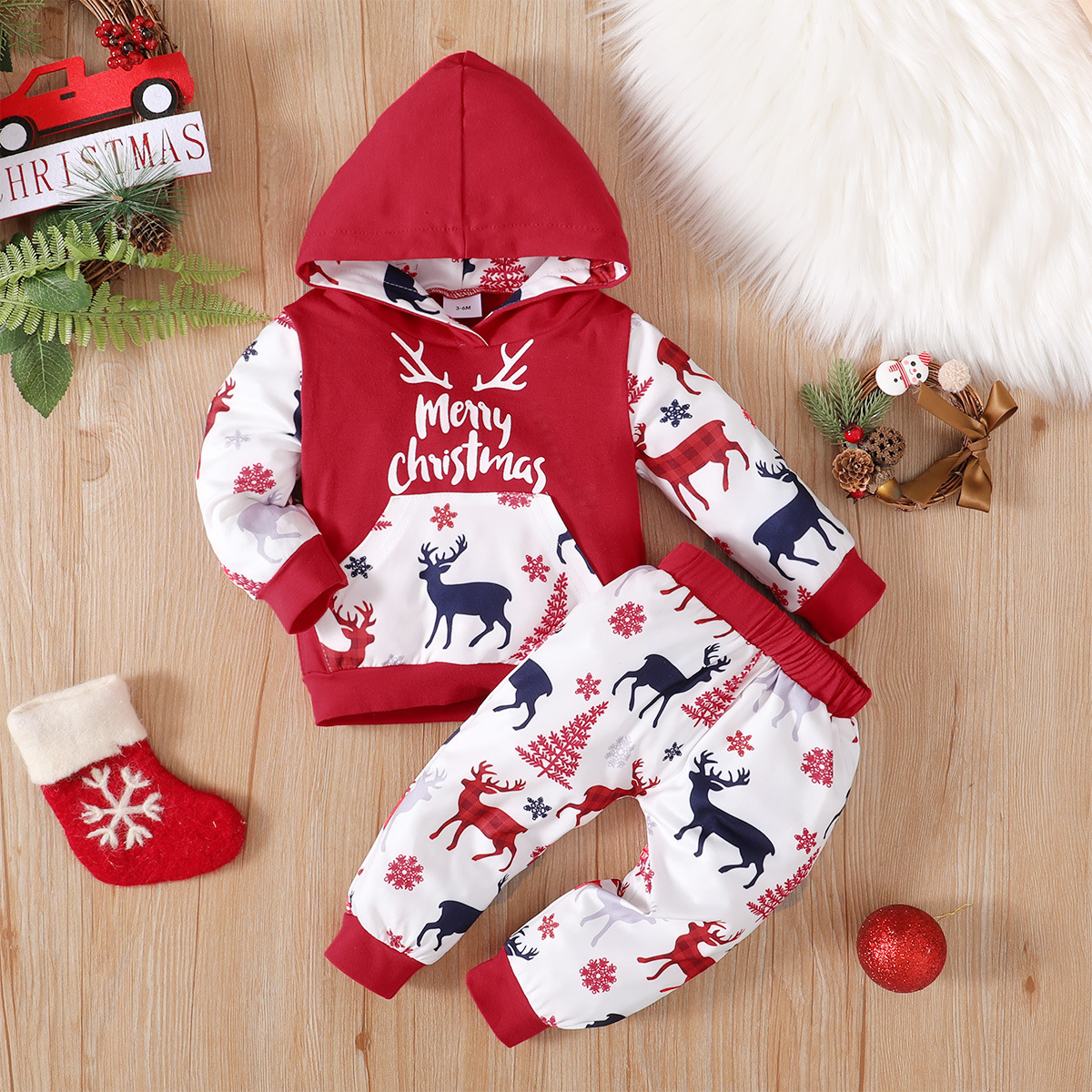 2pcs Baby Boy/Girl Christmas Elk Pine Snowman Print Long Sleeve Hooded Tops and Pants Set-kissminis