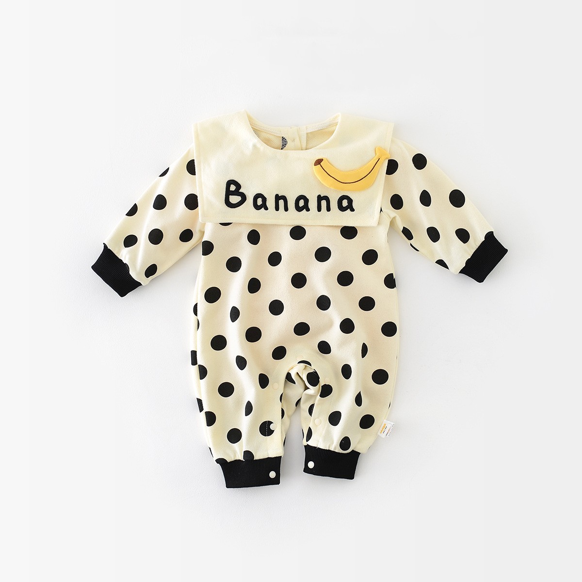 Baby Girl Polka Dot Banana Square Collar Long Sleeve Romper-kissminis