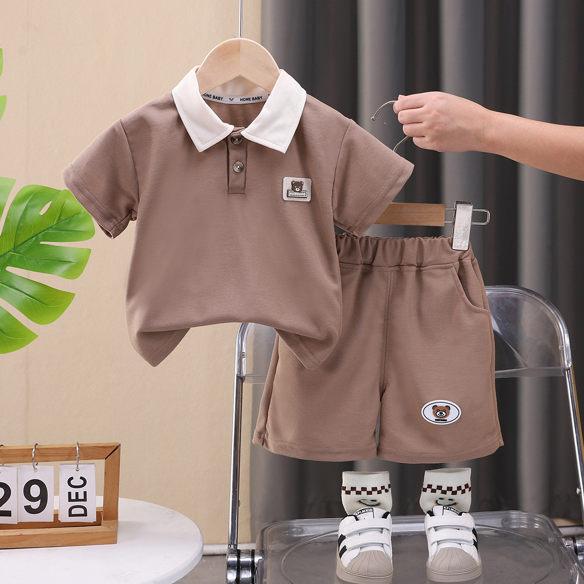 2pcs Bear POLO Shirt and Shorts Set