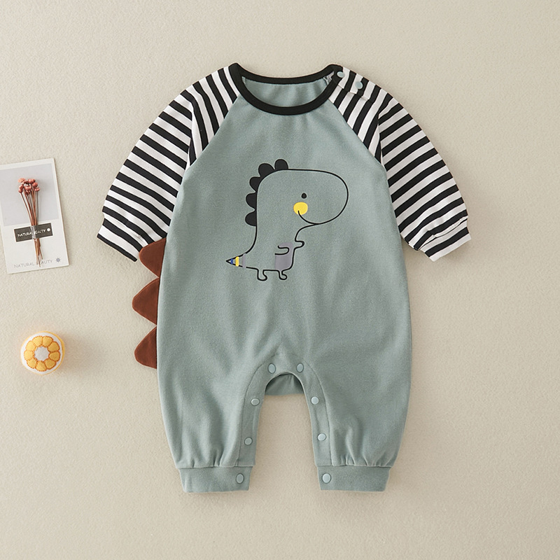 Baby Girl Cute Dinosaur Pattern Striped Long Sleeve Romper-kissminis