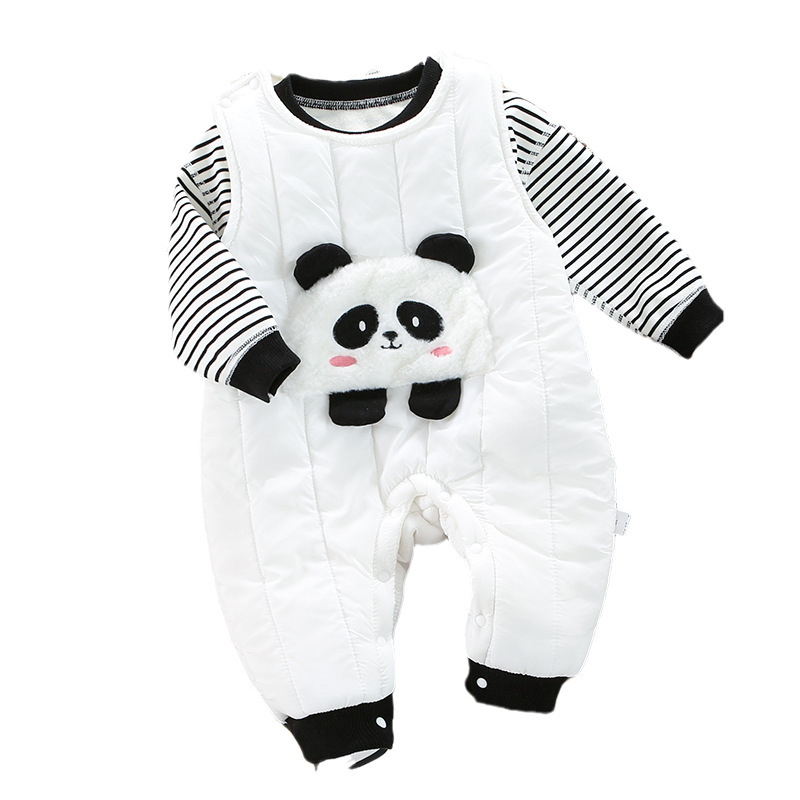 2pcs Baby Boy/Girl Winter Fleece Stripe Line Panda Graphic Overall Romper with Sweatshirt Set-kissminis