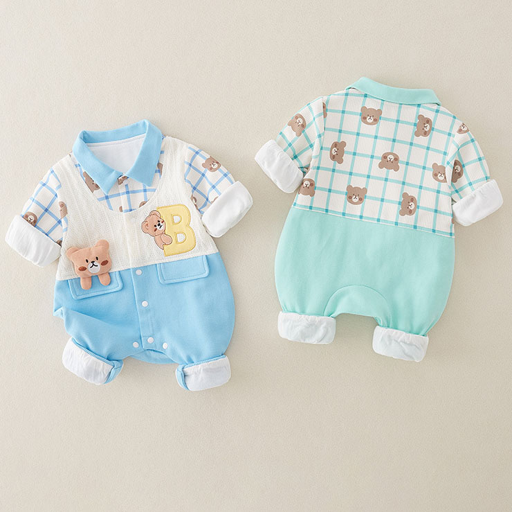 Cartoon Cute Plaid Bear Embroidery Romper-kissminis