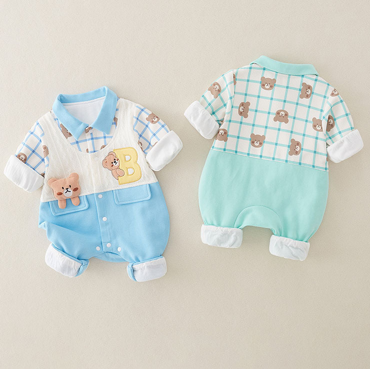 Cartoon Cute Plaid Bear Embroidery Romper-kissminis